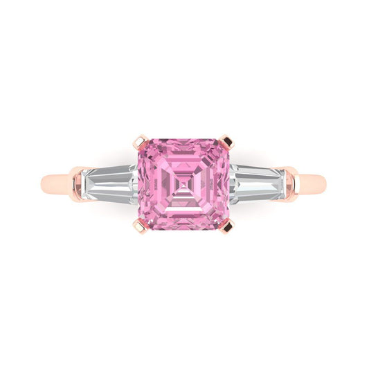 1.62 cttw Zirconia Simulated Pink Diamond Three-Stone Engagement Ring - Solid Rose Gold (VVS1, Square Emerald Cut,6.5X6.5mm)