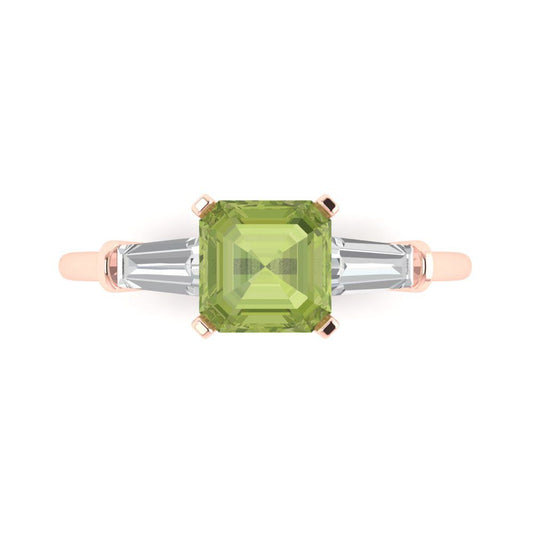1.62 cttw Natural Peridot Three-Stone Engagement Ring - Solid Rose Gold (VVS1, Square Emerald Cut,6.5X6.5mm)
