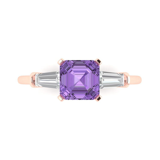 1.62 cttw Simulated Alexandrite Three-Stone Engagement Ring - Solid Rose Gold (VVS1, Square Emerald Cut,6.5X6.5mm)