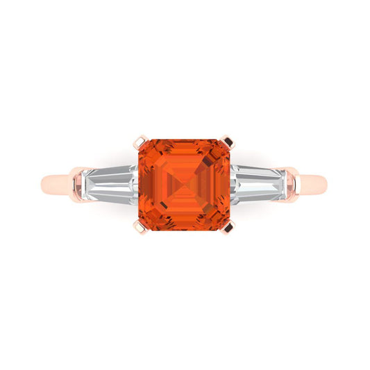 1.62 cttw Zirconia Simulated Red Diamond Three-Stone Engagement Ring - Solid Rose Gold (VVS1, Square Emerald Cut,6.5X6.5mm)
