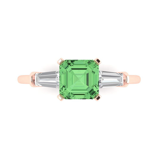 1.62 cttw Zirconia Simulated Green Diamond Three-Stone Engagement Ring - Solid Rose Gold (VVS1, Square Emerald Cut,6.5X6.5mm)