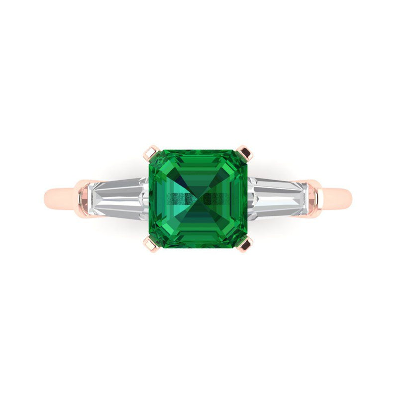 1.62 ct Brilliant Square Emerald Cut Simulated Emerald Stone Rose Gold Three-Stone Ring