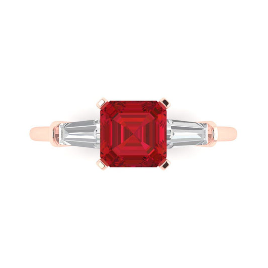 1.62 cttw Simulated Ruby Three-Stone Engagement Ring - Solid Rose Gold (VVS1, Square Emerald Cut,6.5X6.5mm)
