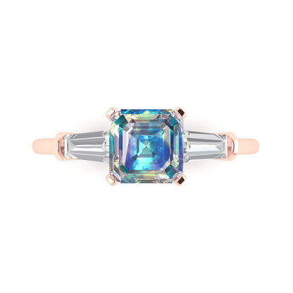 1.62 cttw Blue Moissanite Three-Stone Engagement Ring - Solid Gold (Square Emerald Cut,6.5X6.5mm)