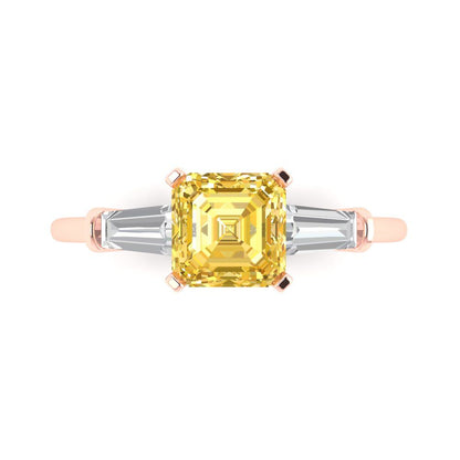 1.62 cttw Zirconia Simulated Yellow Diamond Three-Stone Engagement Ring - Solid Gold (VVS1, Square Emerald Cut,6.5X6.5mm)