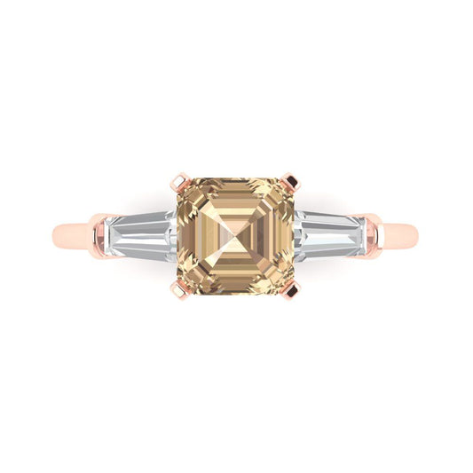 1.62 cttw Yellow Moissanite Three-Stone Engagement Ring - Solid Rose Gold (VVS1, Square Emerald Cut,6.5X6.5mm)