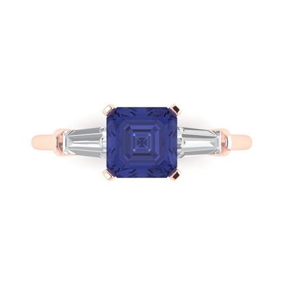 1.62 cttw Simulated Tanzanite Three-Stone Engagement Ring - Solid Gold (Square Emerald Cut,6.5X6.5mm)