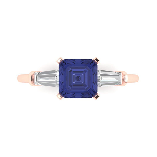 1.62 cttw Simulated Tanzanite Three-Stone Engagement Ring - Solid Rose Gold (VVS1, Square Emerald Cut,6.5X6.5mm)