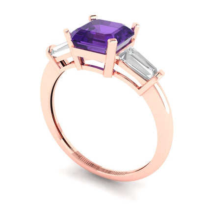 1.62 cttw Natural Amethyst Three-Stone Engagement Ring - Solid Gold (Square Emerald Cut,6.5X6.5mm)