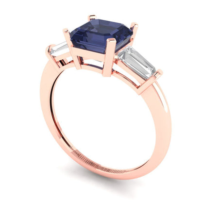1.62 cttw Simulated Blue Sapphire Three-Stone Engagement Ring - Solid Rose Gold (VVS1, Square Emerald Cut,6.5X6.5mm)