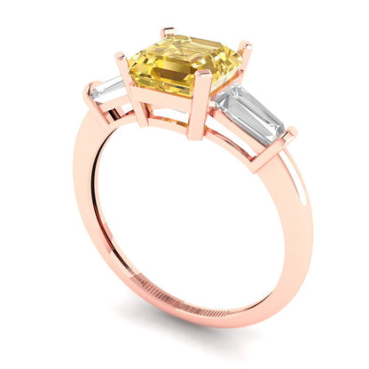 1.62 cttw Zirconia Simulated Yellow Diamond Three-Stone Engagement Ring - Solid Gold (VVS1, Square Emerald Cut,6.5X6.5mm)