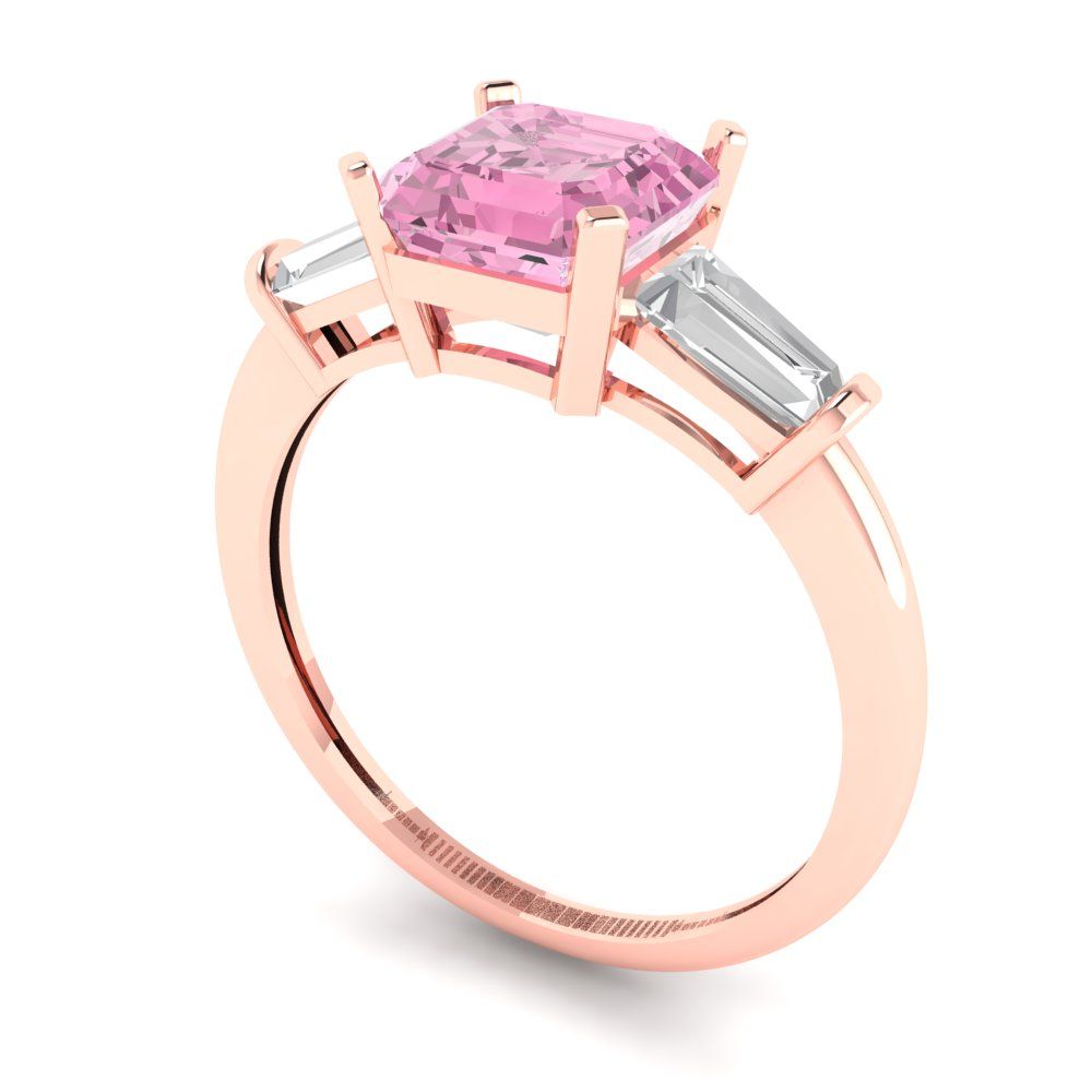 1.62 cttw Zirconia Simulated Pink Diamond Three-Stone Engagement Ring - Solid Gold (VVS1, Square Emerald Cut,6.5X6.5mm)