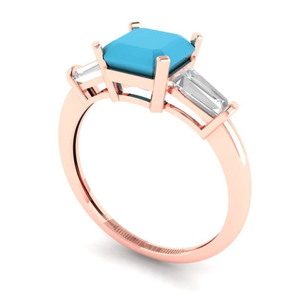 1.62 cttw Simulated Turquoise Three-Stone Engagement Ring - Solid Gold (Square Emerald Cut,6.5X6.5mm)