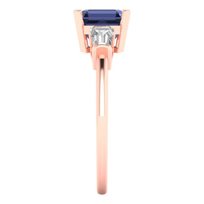 1.62 cttw Simulated Blue Sapphire Three-Stone Engagement Ring - Solid Rose Gold (VVS1, Square Emerald Cut,6.5X6.5mm)