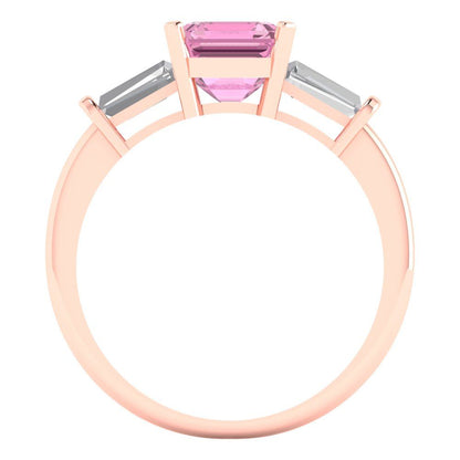 1.62 cttw Zirconia Simulated Pink Diamond Three-Stone Engagement Ring - Solid Gold (VVS1, Square Emerald Cut,6.5X6.5mm)