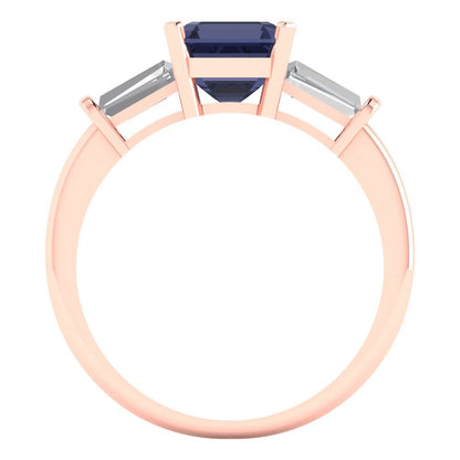 1.62 cttw Simulated Blue Sapphire Three-Stone Engagement Ring - Solid Rose Gold (VVS1, Square Emerald Cut,6.5X6.5mm)
