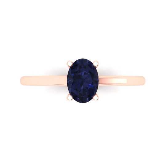 1 cttw Simulated Blue Sapphire Solitaire  Engagement Ring - Solid Rose Gold (VVS1, Oval Cut,7x5mm)