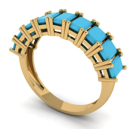 2.61 cttw Simulated Turquoise Emerald Cut Yellow Gold Eternity Wedding Band