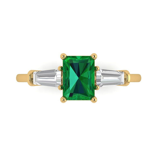 1.5 cttw Simulated Emerald Three-Stone Engagement Ring - Solid Yellow Gold (VVS1, Emerald Cut,7.0x5.0mm)