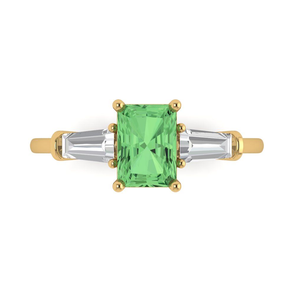 1.5 cttw Zirconia Simulated Green Diamond Three-Stone Engagement Ring - Solid Gold (VVS1, Emerald Cut,7.0x5.0mm)
