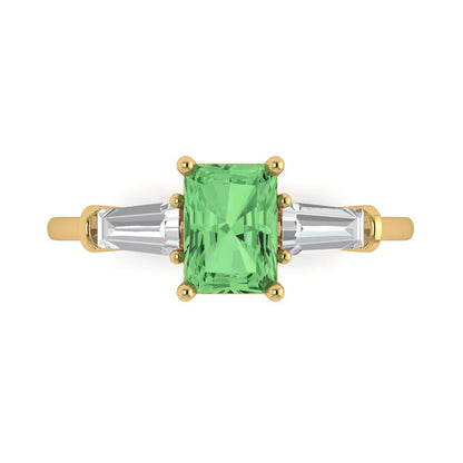 1.5 cttw Zirconia Simulated Green Diamond Three-Stone Engagement Ring - Solid Gold (VVS1, Emerald Cut,7.0x5.0mm)