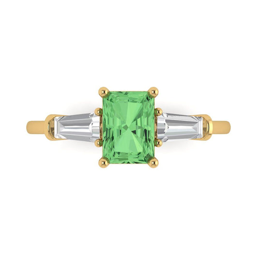 1.5 cttw Zirconia Simulated Green Diamond Three-Stone Engagement Ring - Solid Yellow Gold (VVS1, Emerald Cut,7.0x5.0mm)