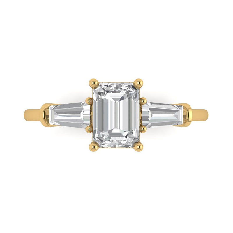 2.0 ct Brilliant Emerald Cut Natural Diamond Stone Clarity SI1-2 Color G-H Yellow Gold Three-Stone Ring