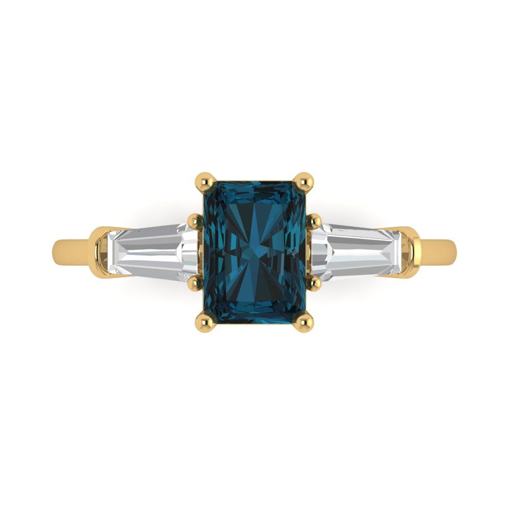 1.5 cttw Natural London Blue Topaz Three-Stone Engagement Ring - Solid Gold (Emerald Cut,7.0x5.0mm)
