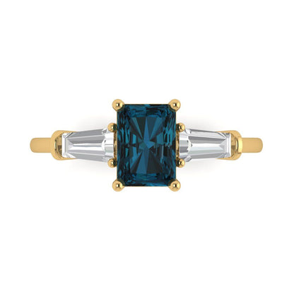 1.5 cttw Natural London Blue Topaz Three-Stone Engagement Ring - Solid Gold (Emerald Cut,7.0x5.0mm)