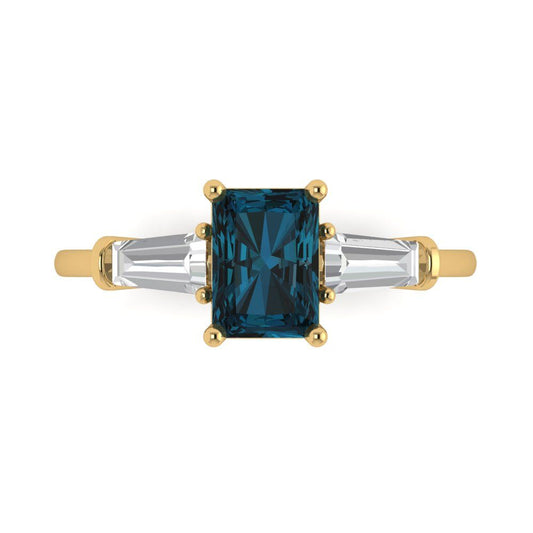 1.5 cttw Natural London Blue Topaz Three-Stone Engagement Ring - Solid Yellow Gold (VVS1, Emerald Cut,7.0x5.0mm)