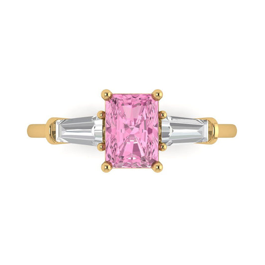 1.5 cttw Zirconia Simulated Pink Diamond Three-Stone Engagement Ring - Solid Yellow Gold (VVS1, Emerald Cut,7.0x5.0mm)
