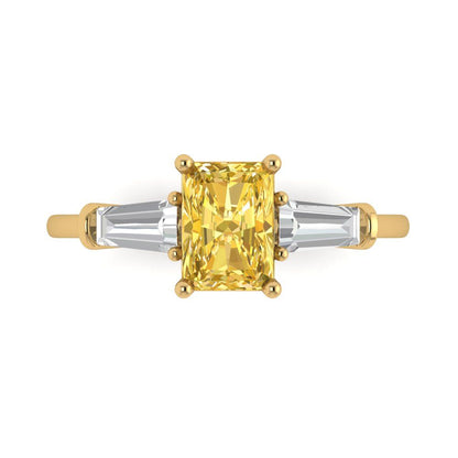 1.5 cttw Zirconia Simulated Yellow Diamond Three-Stone Engagement Ring - Solid Gold (VVS1, Emerald Cut,7.0x5.0mm)