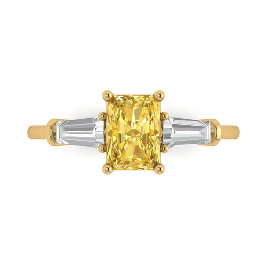 1.5 cttw Zirconia Simulated Yellow Diamond Three-Stone Engagement Ring - Solid Yellow Gold (VVS1, Emerald Cut,7.0x5.0mm)
