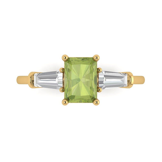 1.5 cttw Natural Peridot Three-Stone Engagement Ring - Solid Yellow Gold (VVS1, Emerald Cut,7.0x5.0mm)