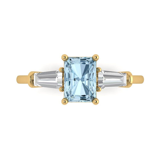 1.5 cttw Zirconia Simulated Blue Diamond Three-Stone Engagement Ring - Solid Yellow Gold (VVS1, Emerald Cut,7.0x5.0mm)