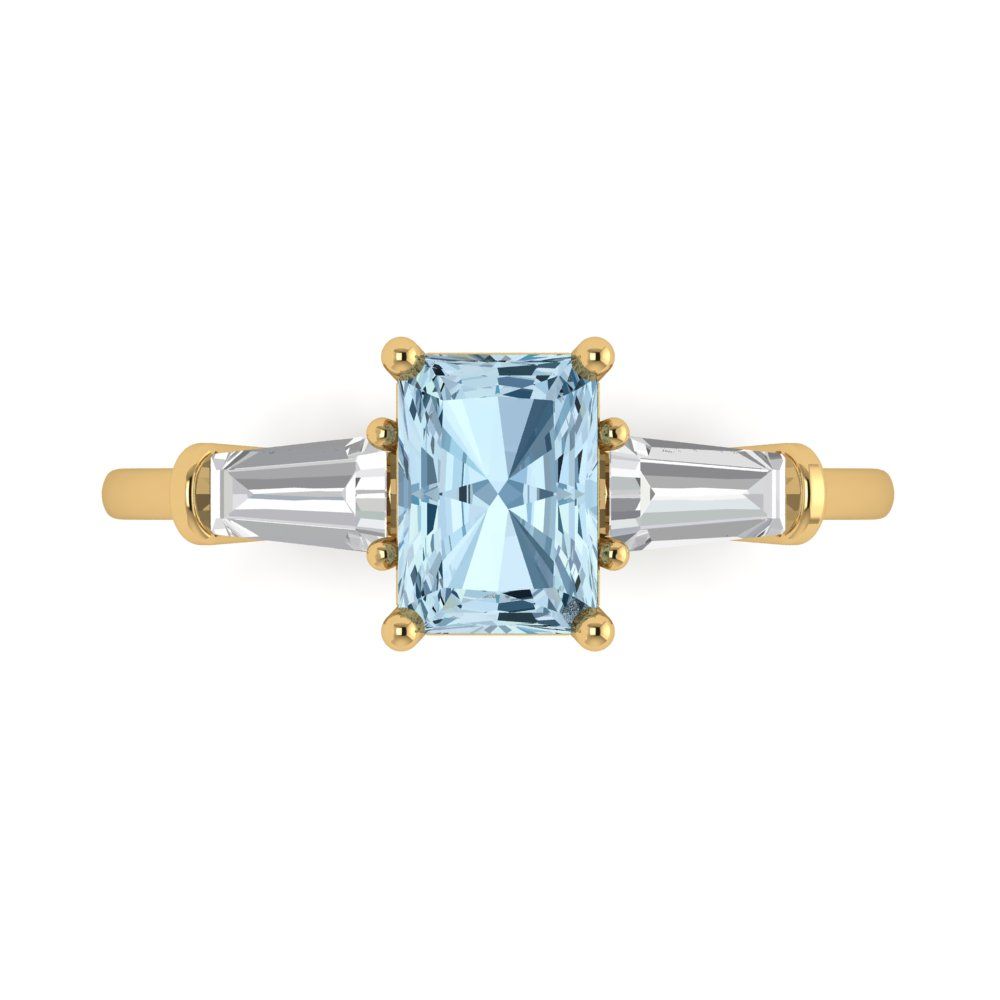 1.5 cttw Natural Swiss Blue Topaz Three-Stone Engagement Ring - Solid Gold (Emerald Cut,7.0x5.0mm)