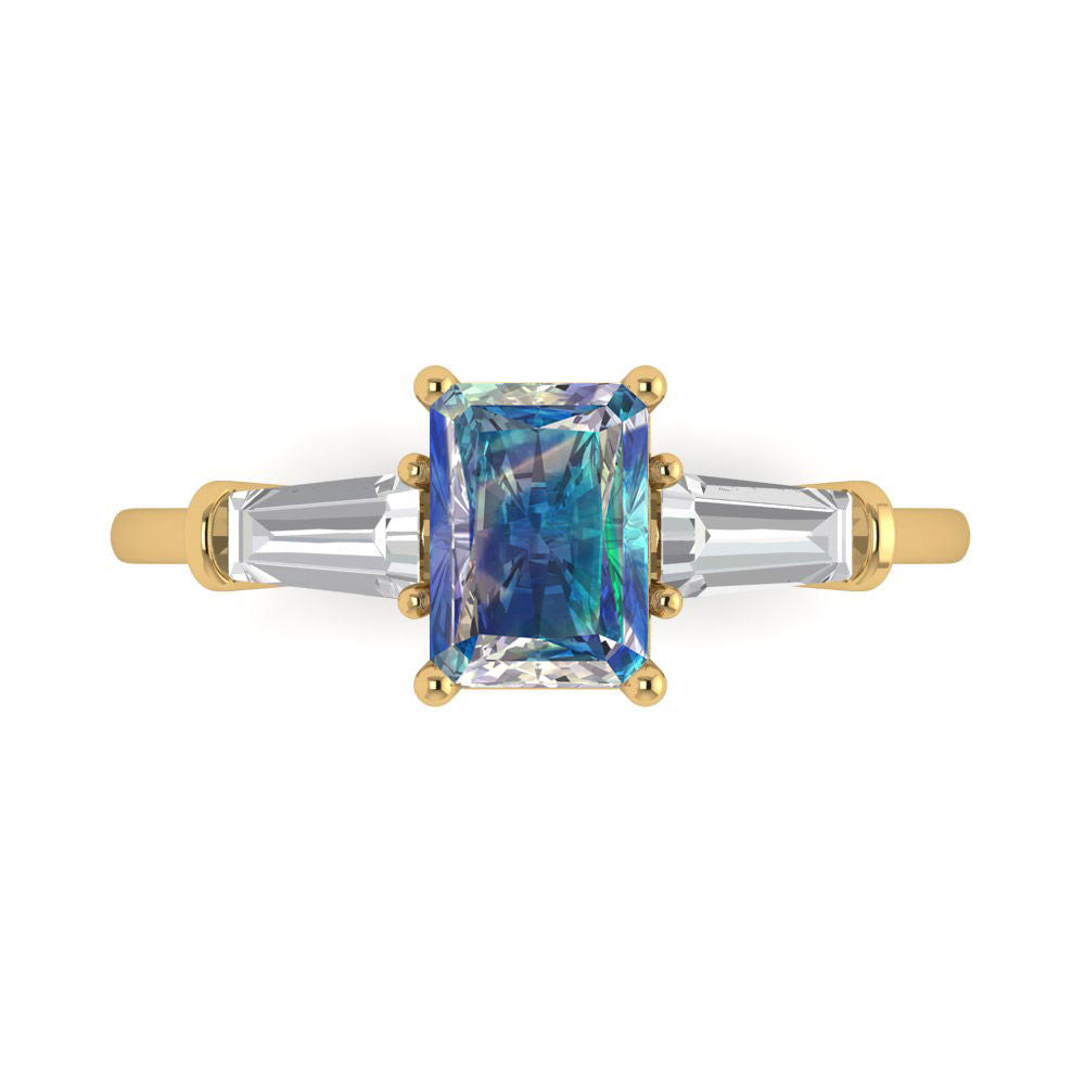 1.5 cttw Blue Moissanite Three-Stone Engagement Ring - Solid Gold (Emerald Cut,7.0x5.0mm)