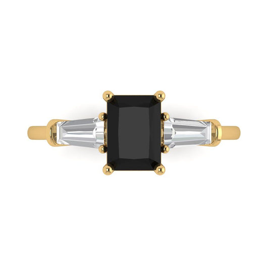 1.5 cttw Natural Onyx Three-Stone Engagement Ring - Solid Yellow Gold (VVS1, Emerald Cut,7.0x5.0mm)
