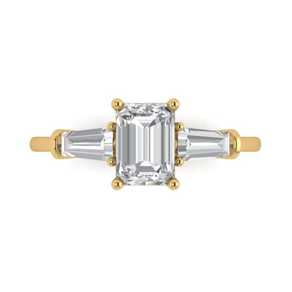 1.5 cttw White Sapphire Three-Stone Engagement Ring - Solid Gold (Emerald Cut,7.0x5.0mm)
