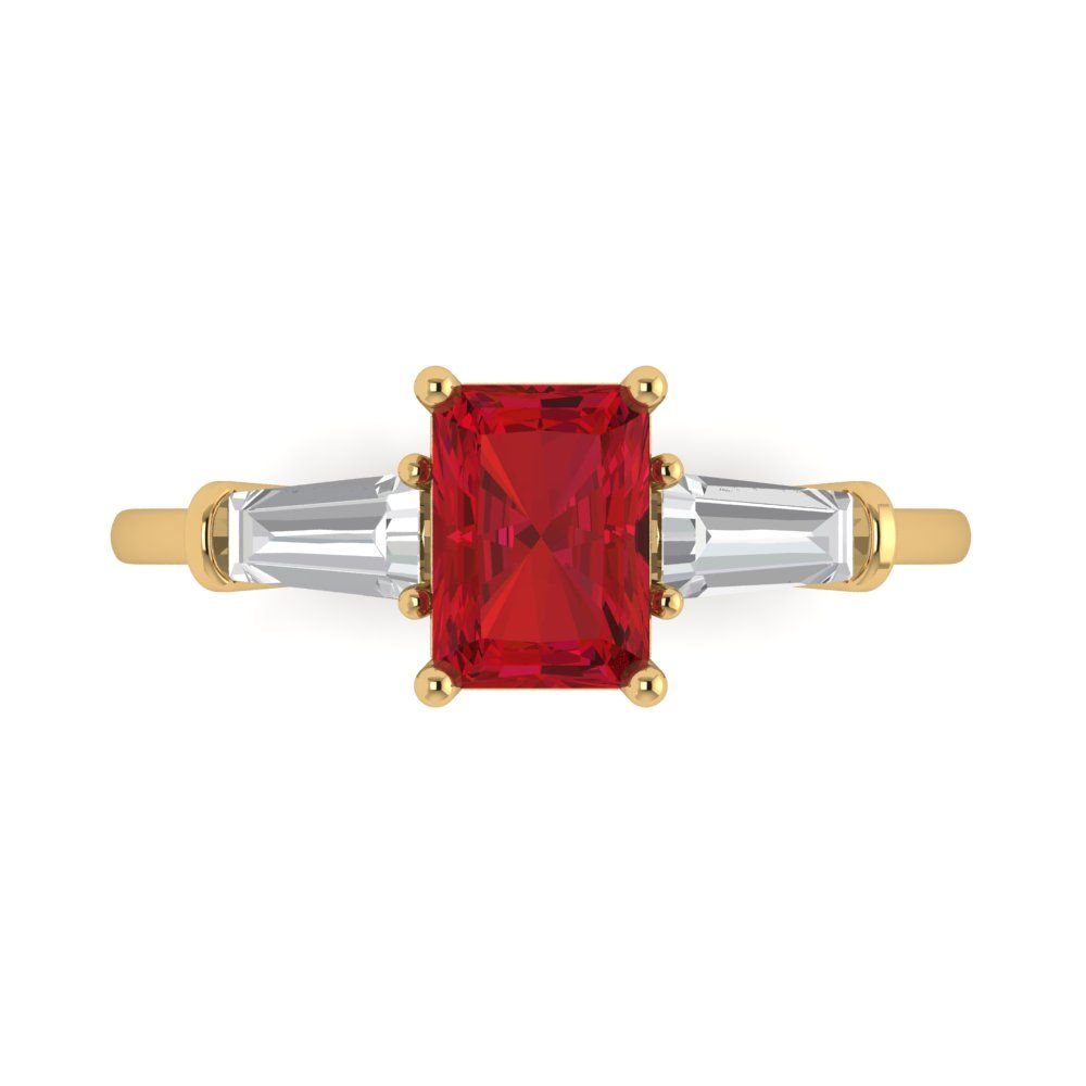 1.5 cttw Simulated Ruby Three-Stone Engagement Ring - Solid Yellow Gold (VVS1, Emerald Cut,7.0x5.0mm)