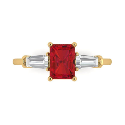 1.5 cttw Simulated Ruby Three-Stone Engagement Ring - Solid Yellow Gold (VVS1, Emerald Cut,7.0x5.0mm)