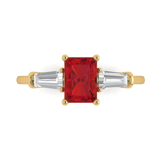 1.5 cttw Simulated Ruby Three-Stone Engagement Ring - Solid Yellow Gold (VVS1, Emerald Cut,7.0x5.0mm)