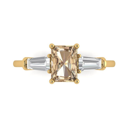1.5 cttw Yellow Moissanite Three-Stone Engagement Ring - Solid Gold (Emerald Cut,7.0x5.0mm)