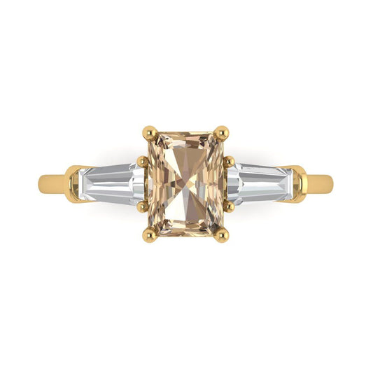 1.5 cttw Yellow Moissanite Three-Stone Engagement Ring - Solid Yellow Gold (VVS1, Emerald Cut,7.0x5.0mm)