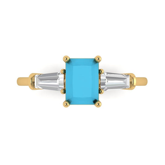 1.5 cttw Simulated Turquoise Three-Stone Engagement Ring - Solid Yellow Gold (VVS1, Emerald Cut,7.0x5.0mm)