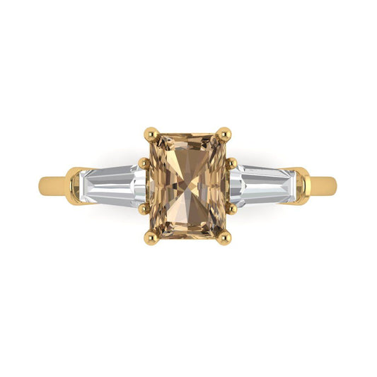1.5 cttw Zirconia Simulated Champagne Diamond Three-Stone Engagement Ring - Solid Yellow Gold (VVS1, Emerald Cut,7.0x5.0mm)