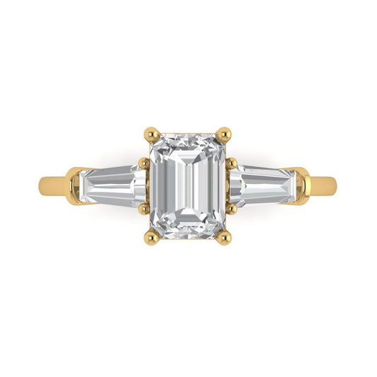1.5 cttw Zirconia Simulated Diamond Three-Stone Engagement Ring - Solid Yellow Gold (VVS1, Emerald Cut,7.0x5.0mm)