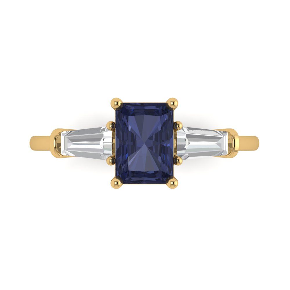 1.5 cttw Simulated Blue Sapphire Three-Stone Engagement Ring - Solid Gold (Emerald Cut,7.0x5.0mm)