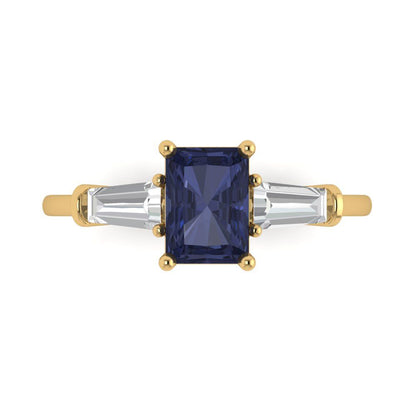 1.5 cttw Simulated Blue Sapphire Three-Stone Engagement Ring - Solid Gold (Emerald Cut,7.0x5.0mm)