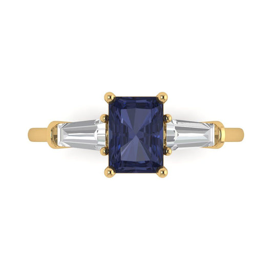 1.5 cttw Simulated Blue Sapphire Three-Stone Engagement Ring - Solid Yellow Gold (VVS1, Emerald Cut,7.0x5.0mm)